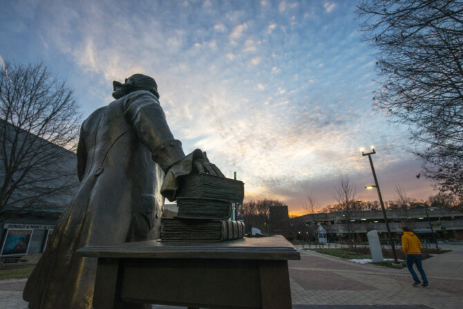 A view of the back of the George Mason statue on the Fairfax campus.