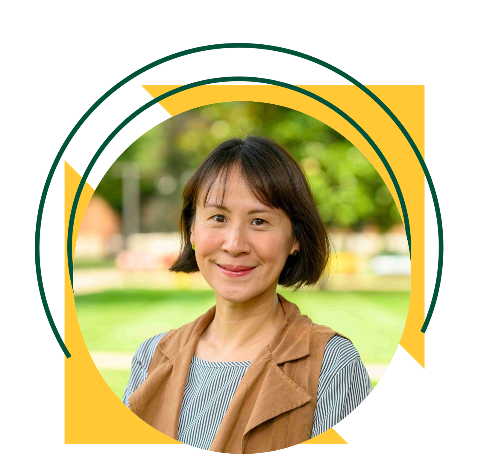 A person wearing a brown vest over a black and white striped shirt stands outdoors in front of green foliage. The portrait is framed by a graphic with yellow triangles and green circular lines on a black background.