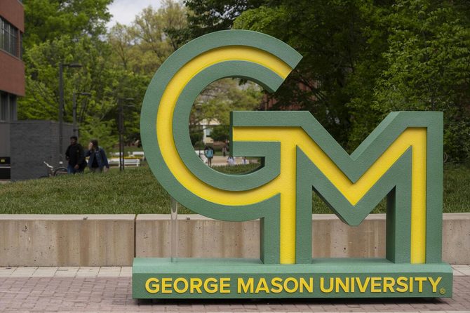 Photo of the George Mason logo as a large sign