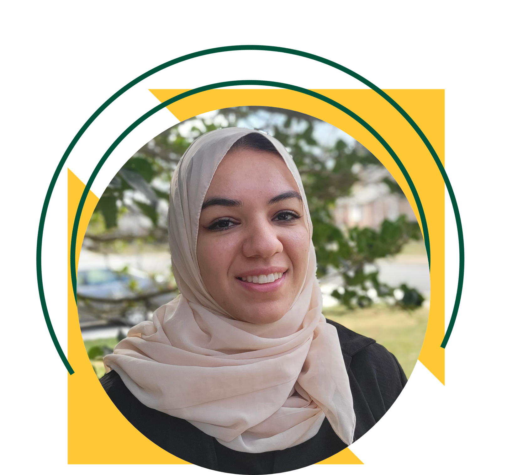 A close-up portrait of a woman wearing a light beige headscarf and black top, photographed outdoors with trees in the background. The portrait is framed within a circular design accented by yellow triangles and green curved graphic elements.