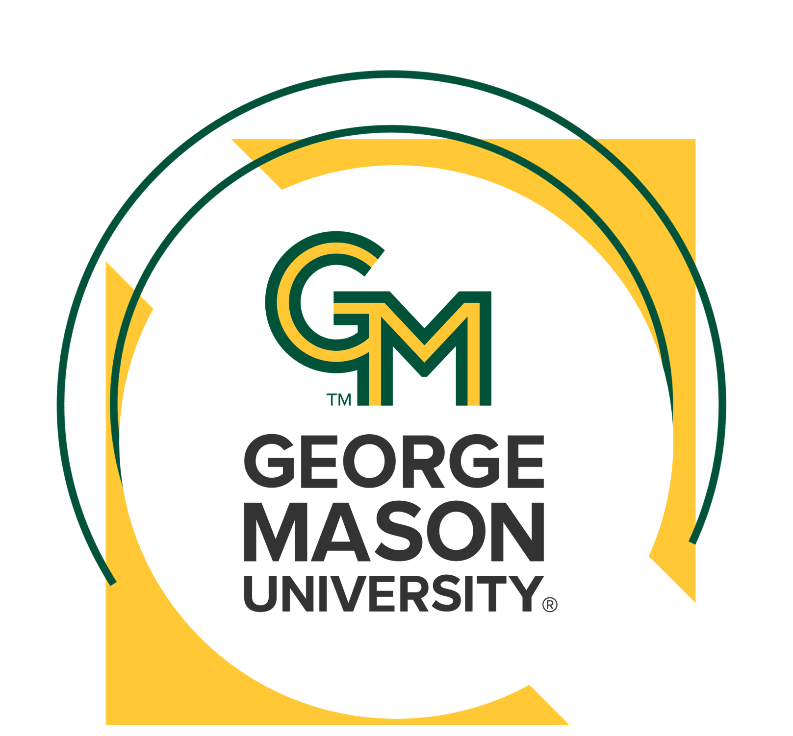 The George Mason University logo framed within a circular design accented by yellow triangles and green curved graphic elements.