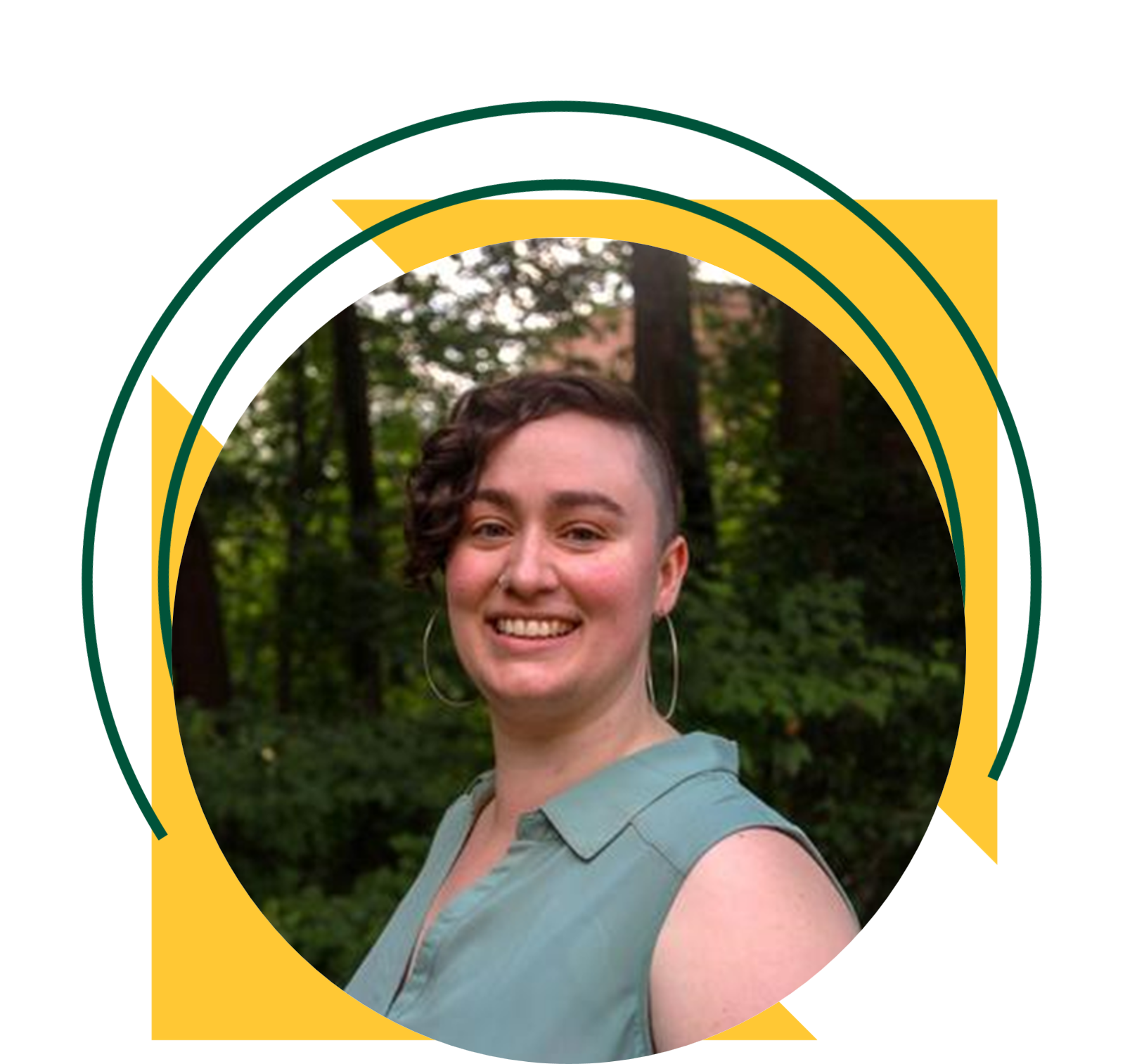 A person wearing a sleeveless light green top stands outdoors in a wooded area. The portrait is framed by a graphic with yellow triangles and green circular lines on a black background.